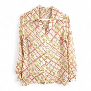 70s Vintage Women's Dagger Collar Floral Blouse M/L Button Front Cottage FLAWED